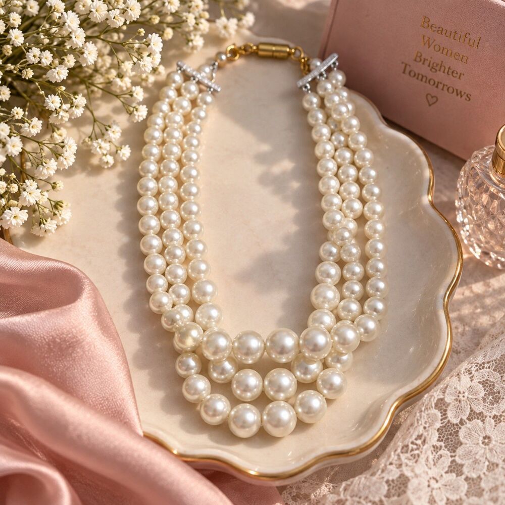 Vintage Style Triple Strand Faux Pearl Necklace, Layered Bridal Jewelry